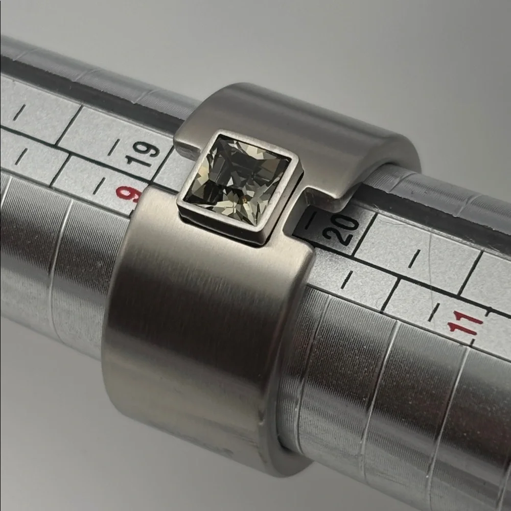 Swatch Bijoux Topic Path Stainless Steel & Smokey Crystal Ring - size 10